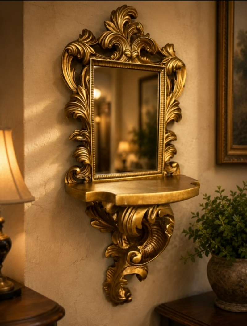 Gold Rococo Style Mirror With Shelf