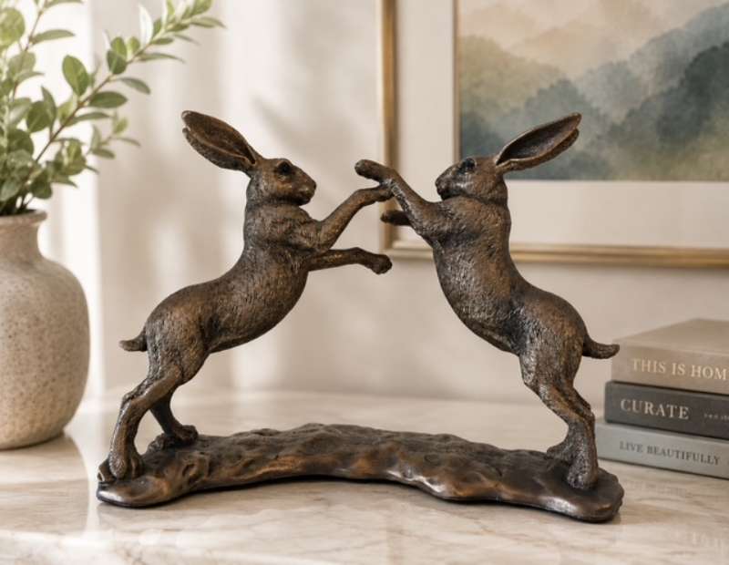 Boxing Hares Sculpture Bronze Effect.